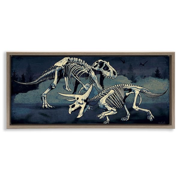 Stupell Industries Dinosaur Skeletons Duo by Lauren Rader Brown Floater Frame Animal Graphic Art Print 11 in. x 25 in.