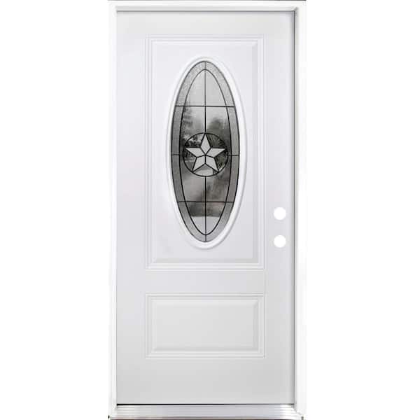 Steves & Sons 36 in. x 80 in. Element 2-Panel Craftsman Patriot Decorative 1/2-Oval Lite Left Hand/IS White Steel Prehung Front Door