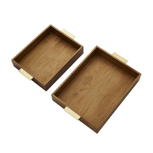 Gourmet Basics Set of 2 Medina Wood Trays 19 W x 3 H x 13 D with Gold Iron Handles