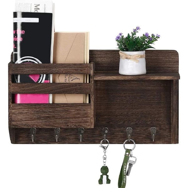 Gray-Whitewash Rustic Key Hangers and Mail Sorter, Wood Decorative Mail Shelf with 5-Hooks Key Holder