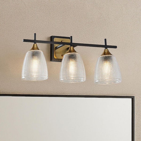 21 in. 3-Light Contemporary Bathroom Vanity Light in Black and Brass Finish with Dome Shape Textured Glass Shade