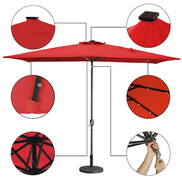 10 ft. Aluminum Pole Market Solar Patio Umbrella Outdoor Umbrella in Red with 26 LED Lights & Crank Lift System