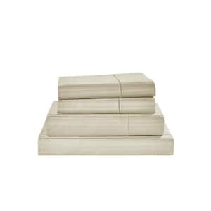 Damask Stripe 3-Piece Beige Cotton Twin Sheet Set