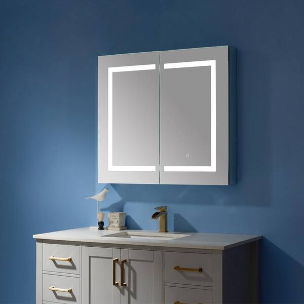Sassari 48 in. W x 32 in. L Rectangular Surface-Mount LED Glass Surface Mount Medicine Cabinet with Mirror in Silver Sassari 48 in. W x 32 in. L Rectangular Surface-Mount LED Glass Surface Mount Medicine Cabinet with Mirror in Silver