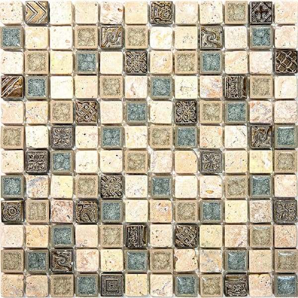 Apollo Tile Beige and Gray 4 in. x 5 in. Square Polished Glass and Stone Mosaic Tile Sample (0.13 sq. ft./Piece)
