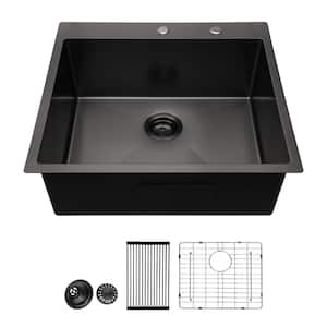 Gunmetal Black Stainless Steel 25 in. Single Bowl Drop-In Kitchen Sink with Bottom Grid