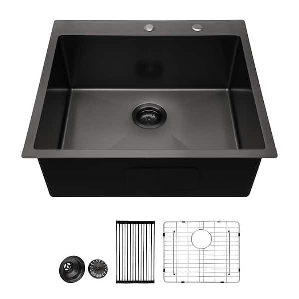 Logmey Gunmetal Black Stainless Steel 25 in. Single Bowl Drop-In Kitchen Sink with Bottom Grid