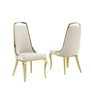 Ricky's Cream Velvet Fabric Gold Legs Dining Chairs Set of 2