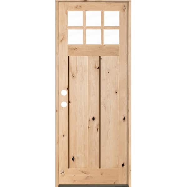 42 in. x 96 in. Craftsman Knotty Alder Right-Hand/Inswing 6 Lite Beveled Clear Glass Unfinished Wood Prehung Front Door
