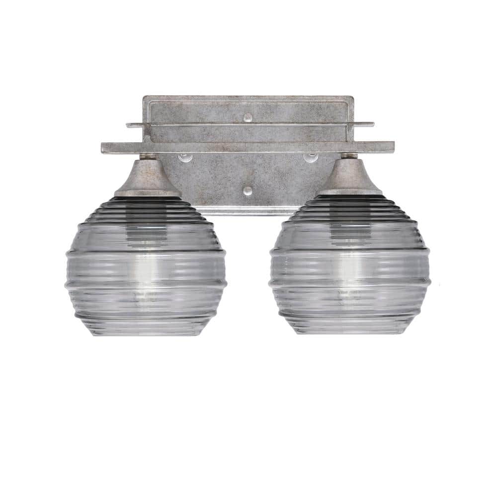 Ontario 13 in. 2-Light Vanity Light Aged Silver Smoke Ribbed Glass Shade