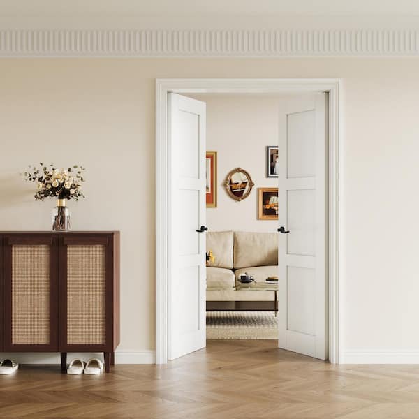 48 in. x 80 in. Paneled Blank 3-Lite White Solid Core MDF Universal Handed Double Prehung French Door with Assemble Jamb