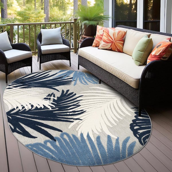 Contemporary Tropical Large Floral Navy 5 ft. x 7 ft. OVAL Indoor/Outdoor Area Rug