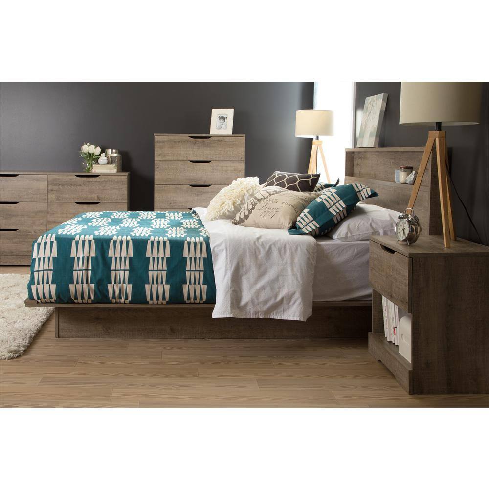Weathered Oak Full Platform Bed with Upholstered Headboard and Drawer