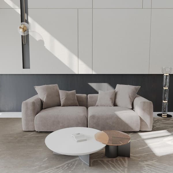 102.36 in. W Square Arm 2-Piece Corduroy Modular Free Combination Sectional Sofa in. Brown with Removable Slipcovers