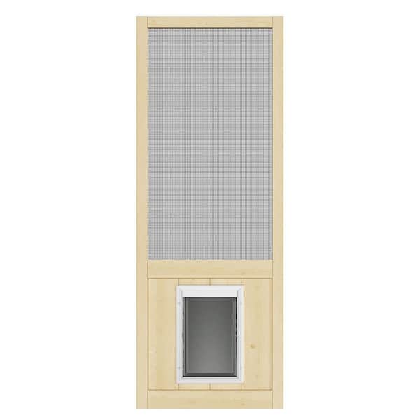 32 in. x 80 in. Single Universal Paneled Unfinished Pine Wood and Gauze Mesh Hinged Screen Door with Pet Entry