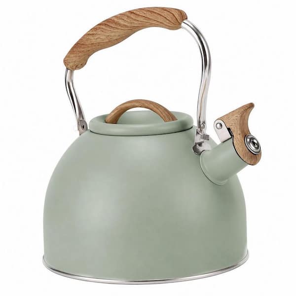 12-Cup Green Stainless Steel Whistling Stovetop Tea Kettle with Wood Pattern Folding Handle, 3L Tea Pots for Stove Top