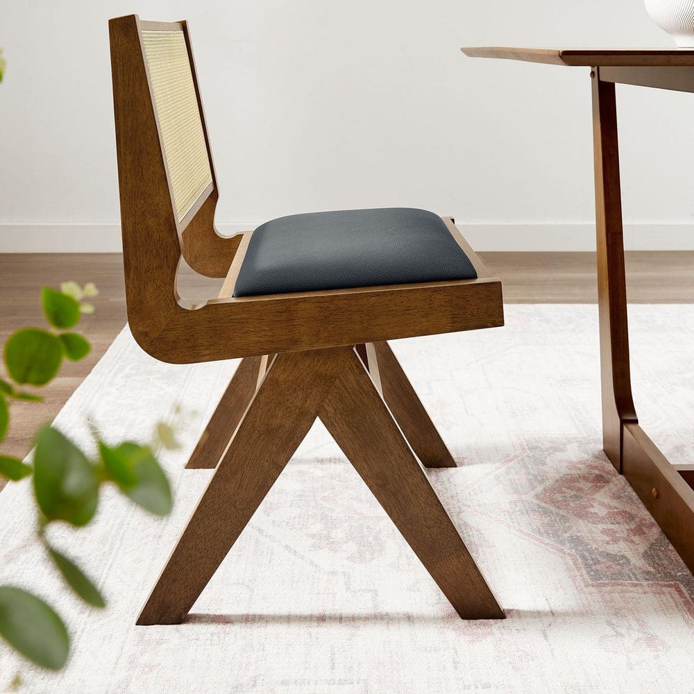 Walnut Black Low Rattan Cane Side Chair with Faux Leather Seat