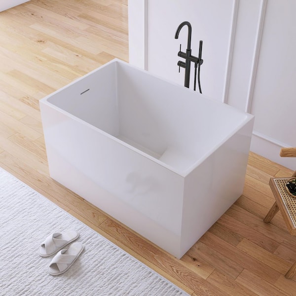 43 in. x 27.5 in. Acrylic Flatbottom Freestanding Japanese Soaking Bathtub in White with Seat