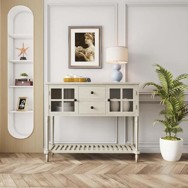 Antique Grey Sideboard Console Table with Bottom Shelf, Farmhouse Wood/Glass Buffet Storage Cabinet Living Room