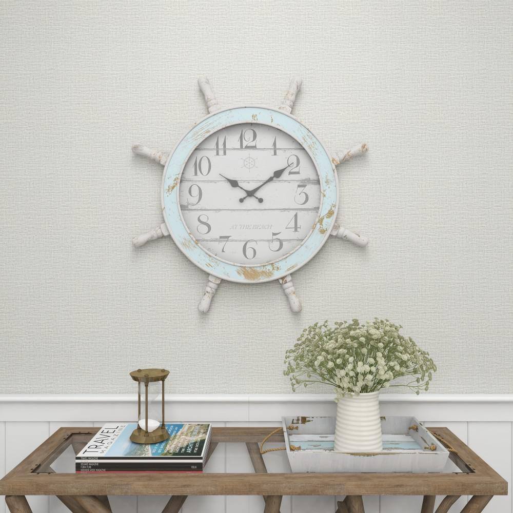 Blue and White Ship Wheel Nautical Wall Clock, 28"