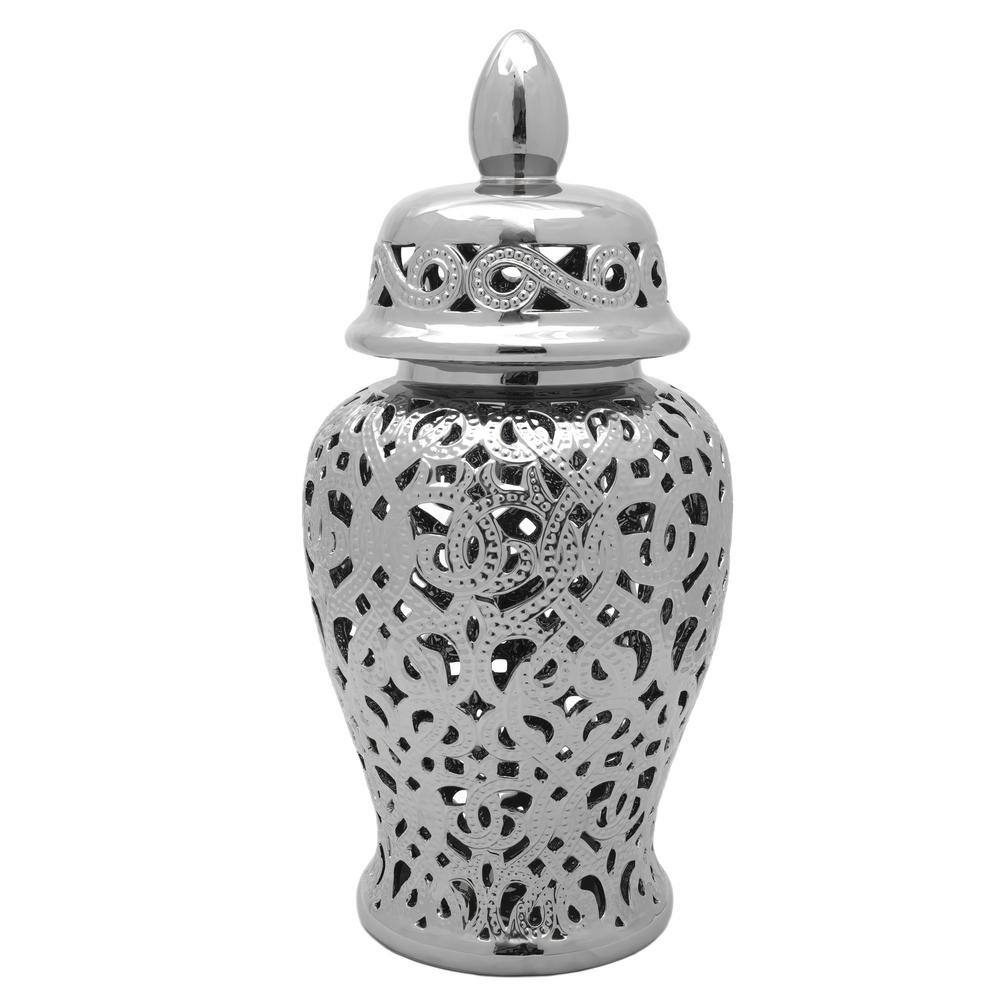 Oriental Furniture 24 in. Spiral Lattice Temple Jar - Silver