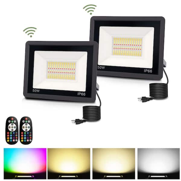 50Watt Equivalence 1650 Lumen Black Plug-in RGB Integrated LED Flood Light, Outdoor Light with Dusk to Dawn Sensor