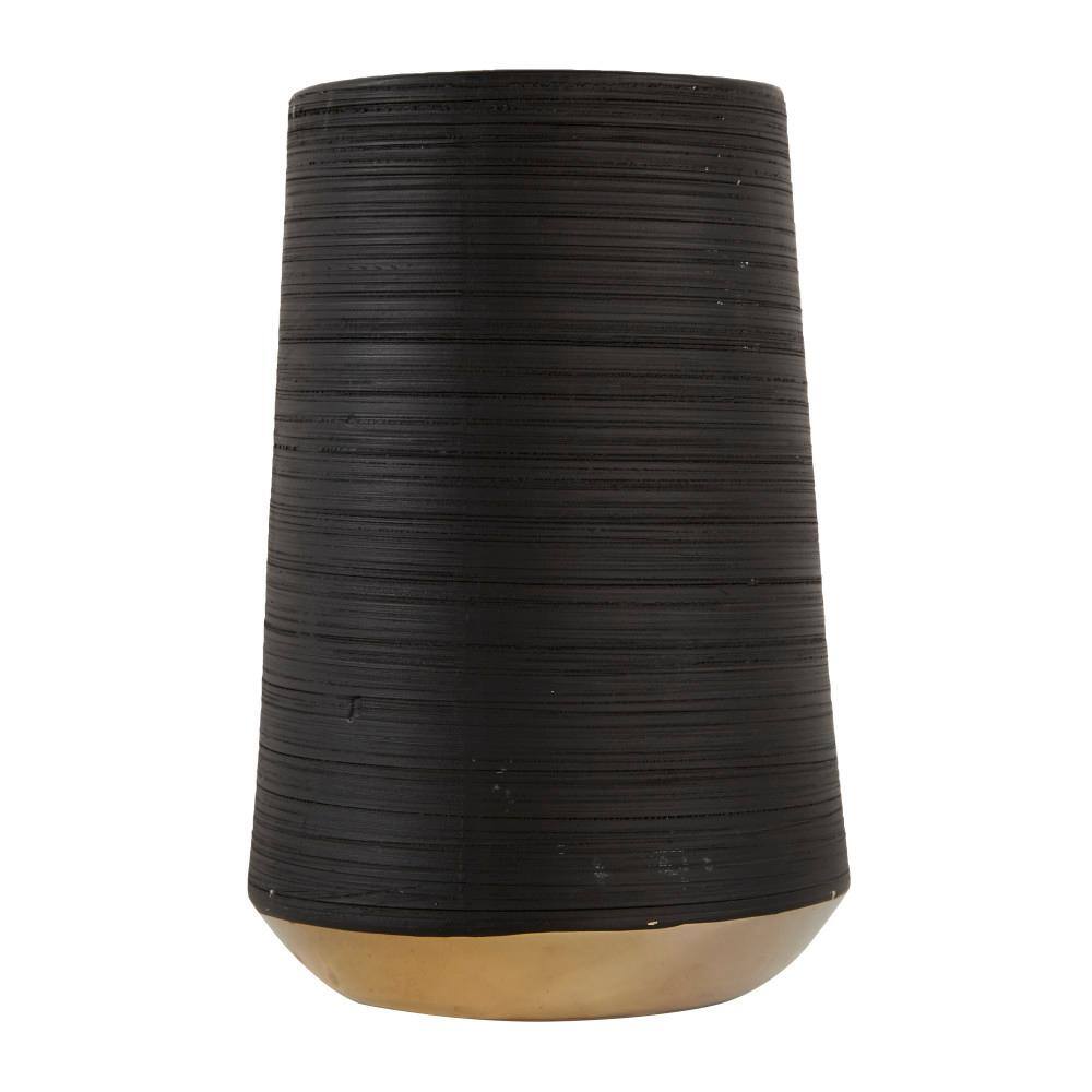 Matte Black Porcelain Vase with Gold Trim Accents 9"x12"