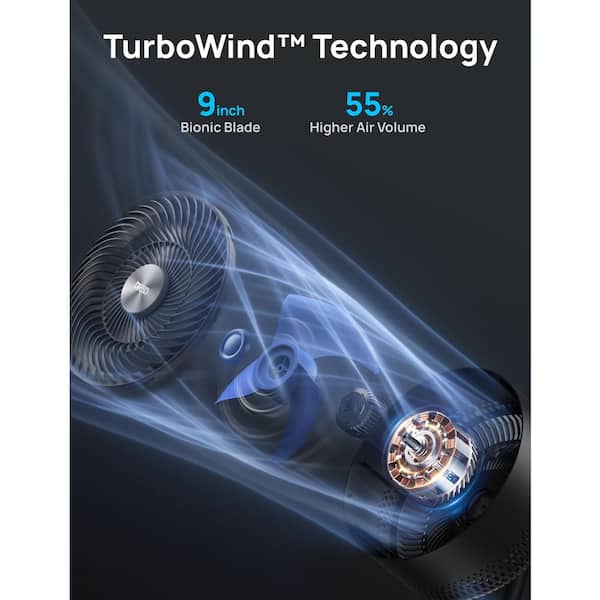 9 in. Air Circulator Pedestal Fan with Remote, 9-Speeds, 37-42in., 2D 120° Oscillation, 8-Hour Timer,Blue Blade in Black