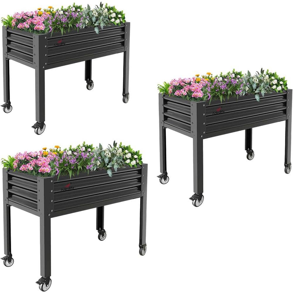 3-Set Galvanized Steel Raised Garden Bed, 48 x 24 x 35 in. Elevated Planter
