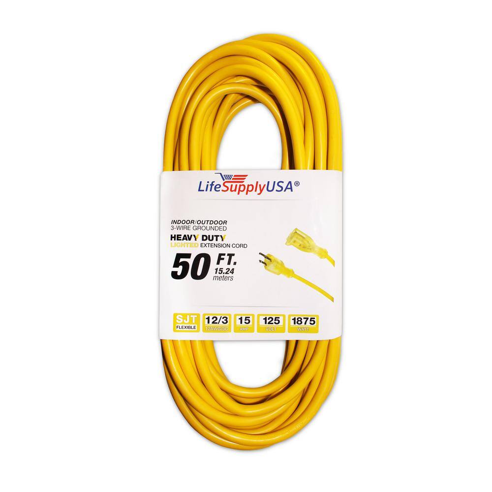 Etokfoks 50ft. 12/3 Heavy Duty Waterproof Indoor/Outdoor Extension Cord  with Lighted end 15A 12AWG 1875W SJTW ETL Listed Yellow MLPH007LT636 - The  Home Depot