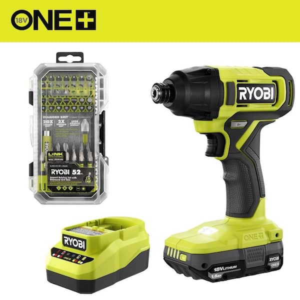ONE+ 18V Cordless 1/4 in. Impact Driver Kit with 1.5 Ah Battery, Charger, and Diamond Grit Driving Set (52-Piece)
