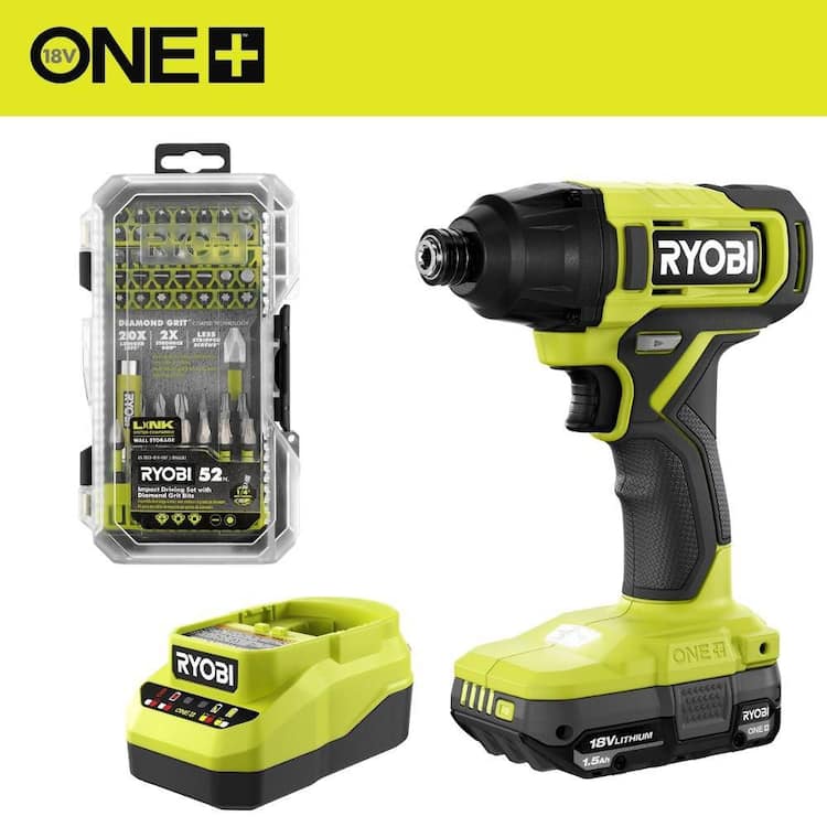 RYOBI ONE+ 18V Cordless 1/4 in. Impact Driver Kit with 1.5 Ah Battery, Charger, and Diamond Grit Driving Set (52-Piece)