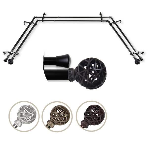 EMOH 13/16" Dia Adjustable Bay Window Double Curtain Rod 20 to 36", 38 to 72" in Black with London Finials