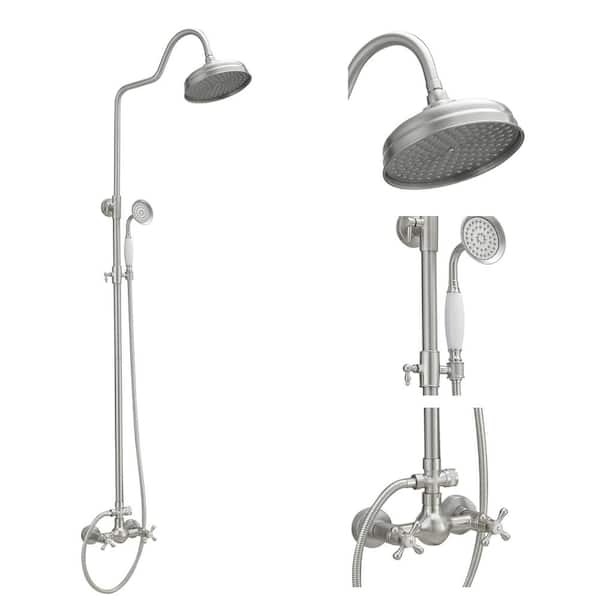 BWE Double Handle 2-Spray Shower Faucet 1.8 GPM with High Pressure Wall Bar Shower Kit 2 Cross Handles in. Brushed Nickel