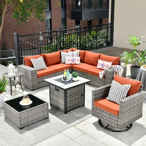 Metis 9-Piece Wicker Outdoor Patio Fire Pit Sectional Sofa Set and with Orange Red Cushions and Swivel Rocking Chairs