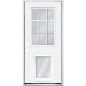 32 in. x 80 in. Reliant Series Clear 9-Lite RHIS White Primed Fiberglass Prehung Front Door with Extra Large Pet Door