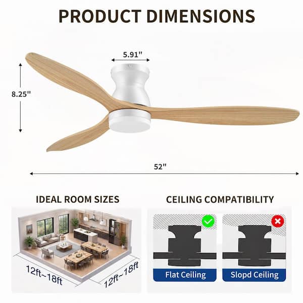 52 in. Modern Wood Flush Mount Ceiling Fan,Solid Wood Blades,Dimmable,Voice via Alexa/APP/Remote,Natural Wood