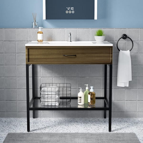 Arya 30 in. W Freestanding Single Sink White Bath Vanity with White Solid Surface Top and Black Legs