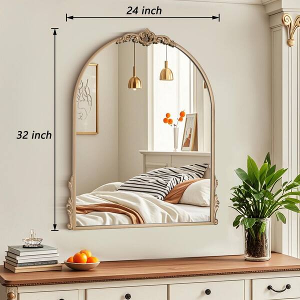 gold dresser mirror Round Scalloped making it a charming focal point in your room decor. Arch Antique Gold Ornate Scroll