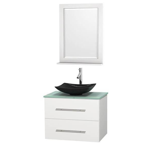 Wyndham Collection Centra 30 in. Vanity in White with Glass Vanity Top in Green, Black Granite Sink and 24 in. Mirror