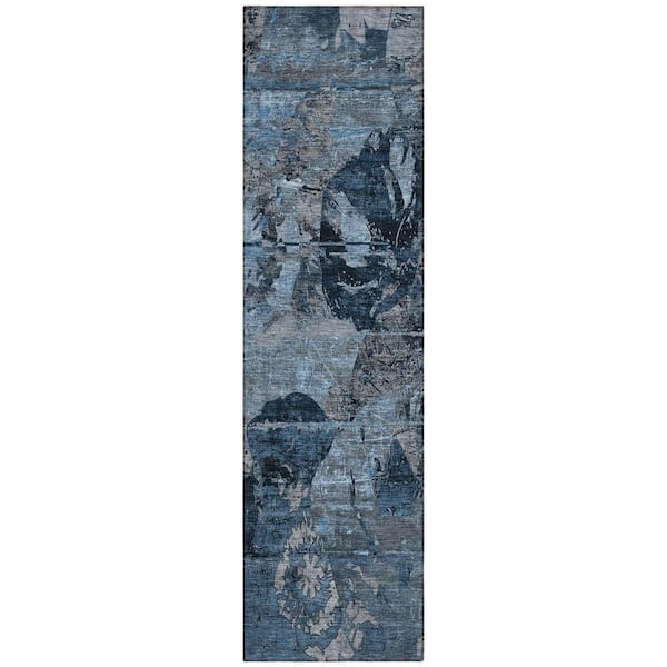 Blue, Dark Blue 2 ft. x 8 ft. Woven Abstract Polyester Runner Indoor / Outdoor Area Rug