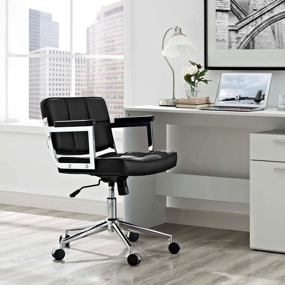 Portray Modern Swivel Office Chair in Black Leather and Chrome Metal