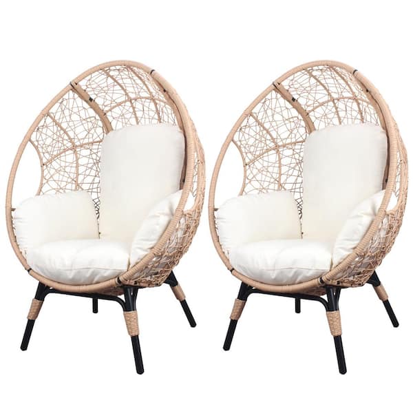 Tenleaf 2-Piece Brown PE Wicker Outdoor Lounge Chair with Beige Cushions
