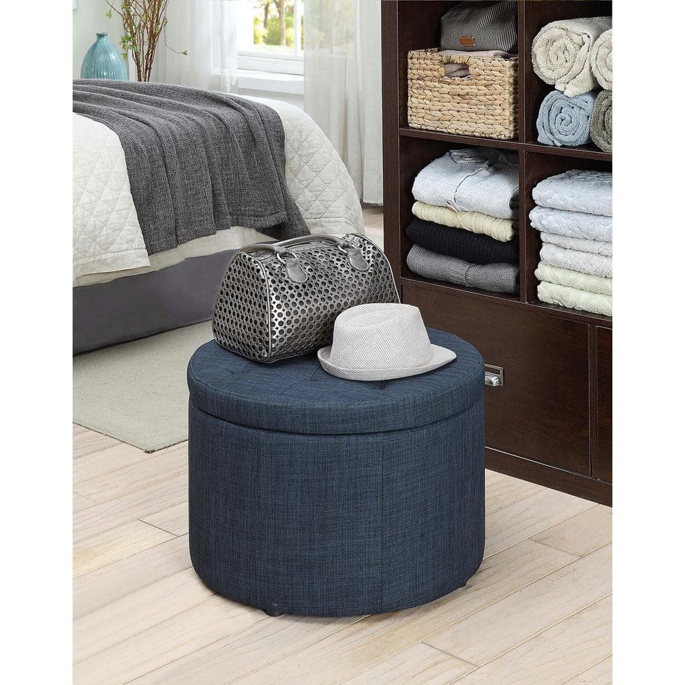 Tufted Round Dark Blue Linen Shoe Storage Ottoman, 22"