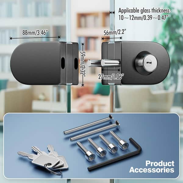 1-Piece Double Sided Glass Door Lock in Black, Exterior Key and Interior Knob Included, Clamp On No Drill Lock