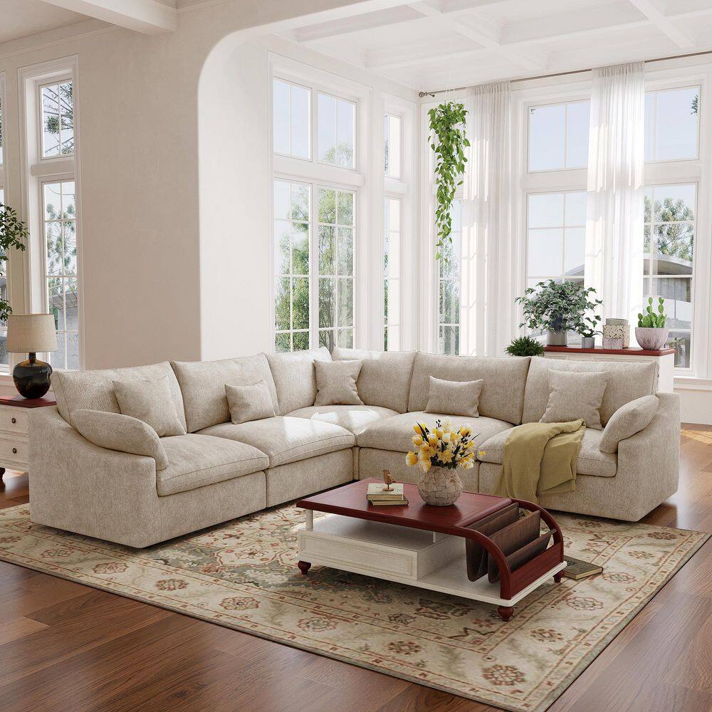 119.3 in. Square Arm 5-Piece Linen Down Feather Modular Free Combination Sofa with Removable Covers in Brown