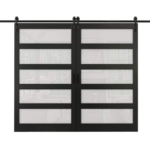 96 in. x 84 in. 5-Lite Tempered Frosted Glass Black Finished MDF Sliding Barn Door with Hardware Kit and Soft Close