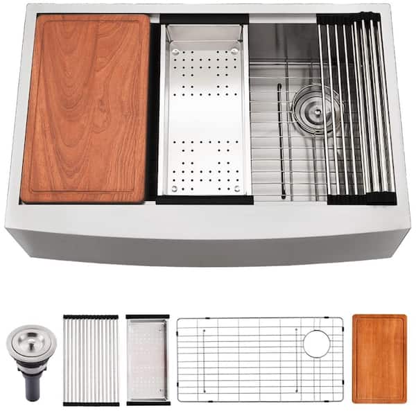 33 in. Drop-In Single Bowl 16 Gauge Farmhouse Workstation Apron Front Stainless Steel Kitchen Sink