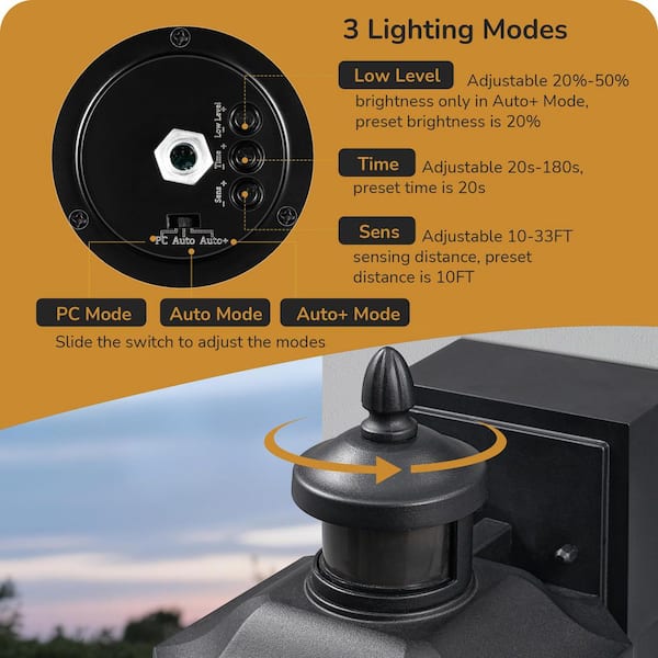 EDISHINE 12.8 in. Black Motion Sensing Dusk to Dawn Outdoor