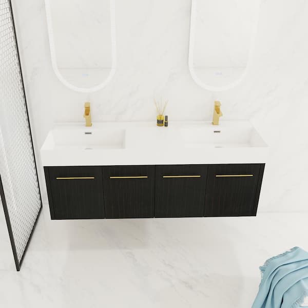Unbranded 60 in. W x 18 in. D x 22 in. H Double Sink Wall-Mounted Bath Vanity in Black with White Cultured Marble Top